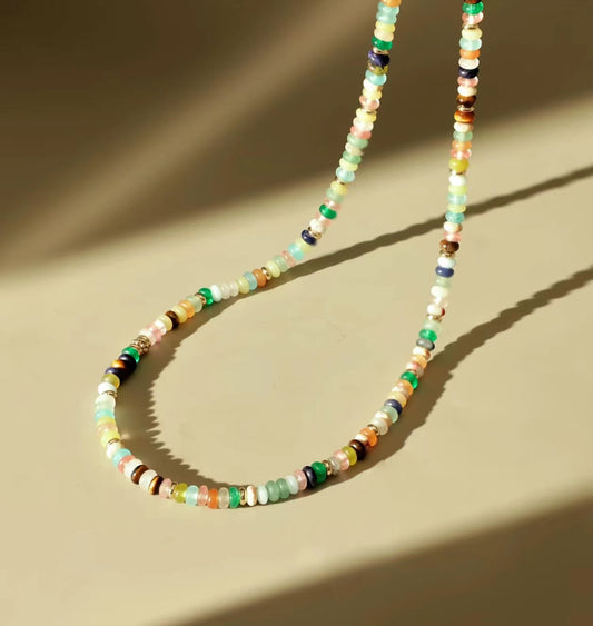 Small colorful bead necklace, Colorful Gemstone Bead Necklace, Multicolor Bead Necklace